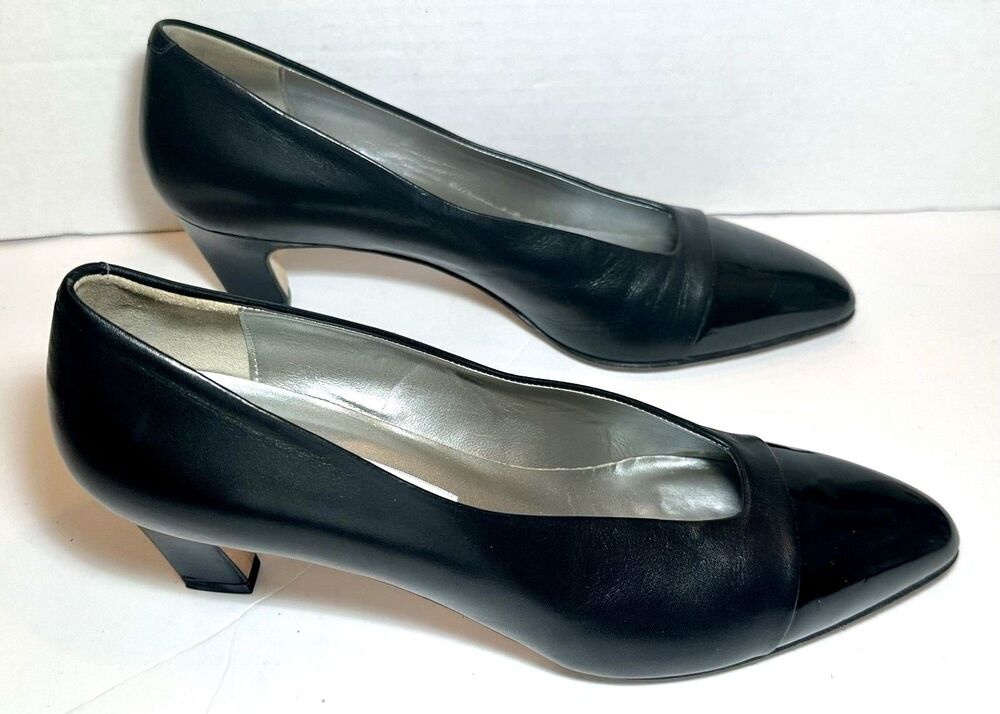 malfi Rangoni Black Leather Patent Cap Toe Pumps Low Heel Italy 8B